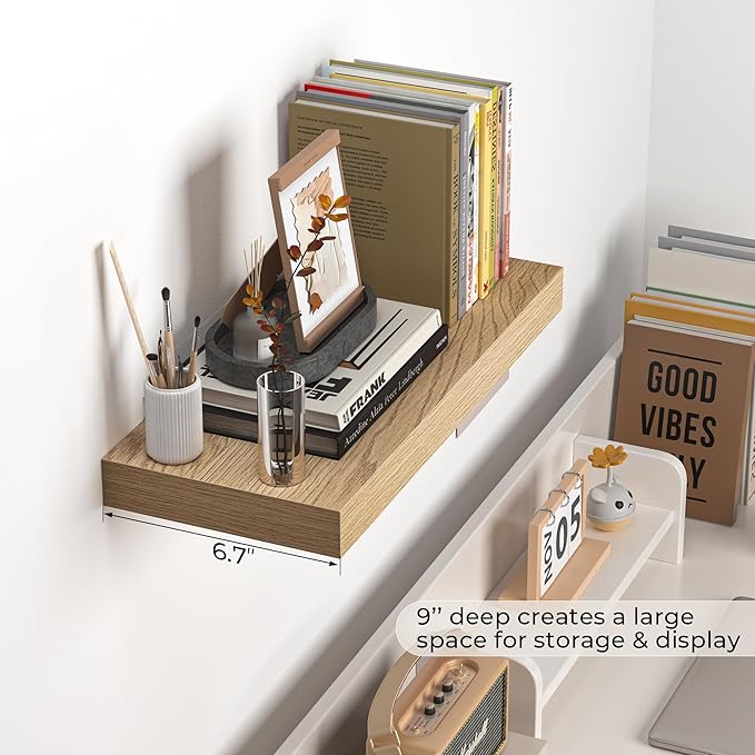 Fun Memories Floating Shelves - 16 Inch Wall Shelf for Decor & Storage - Wall Mounted Display Shelving with Invisible Heavy Duty Metal Bracket 2Pack, Oak