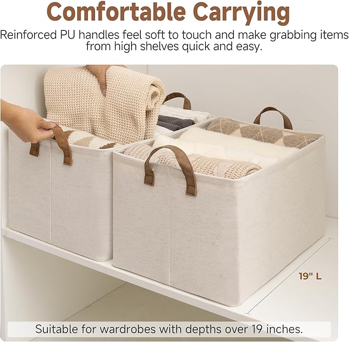 StorageWorks Storage Bins, Shelves Baskets for Organizing, 45L Extra Large Fabric Closet Organizers with Handles, Metal Frame, Beige(Cotton-linen), 2-Pack