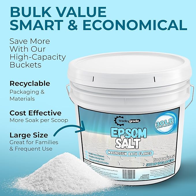 Epsom Salt Bath Soak 30 lb Bucket – Unscented, Pure Epsom Salt Bulk Crystals, Magnesium Sulfate for Full Body or Foot Soaks, Resealable Container with Scoop for Home Bath Use
