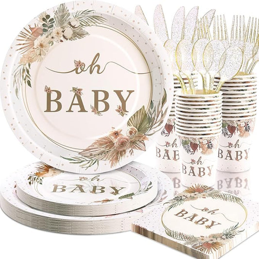 140 Pcs Boho Baby Shower Decorations for Girl, Baby Shower Plates and Cups and Napkins Sets, Oh Baby Plates for Western Sweet Baby Girl, Summer Fall Neutral, Serves 20