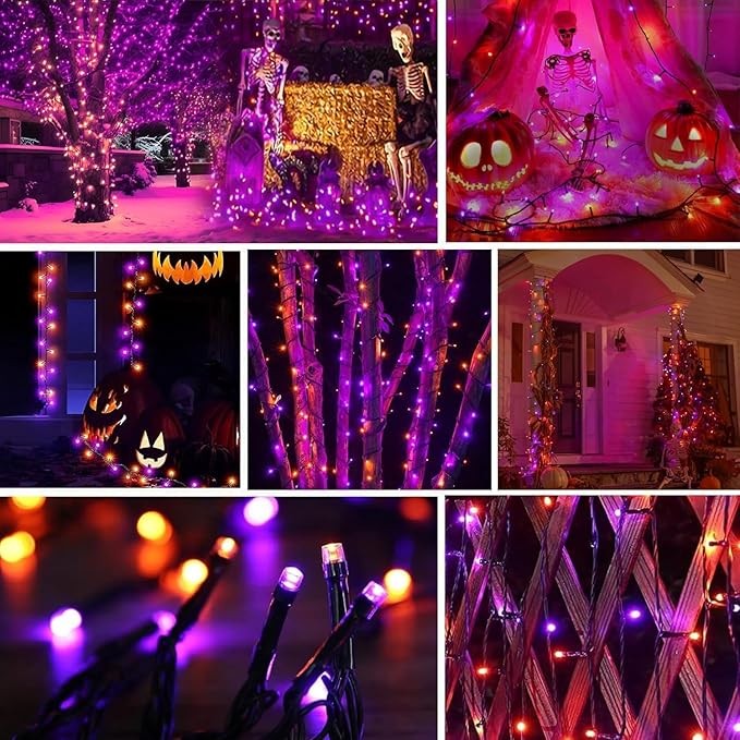 4-Pack Solar String Lights,156Ft Extra-Long 400 LED Waterproof Solar Halloween Lights, 8 Modes for Garden, Patio, Wedding (Purple & Orange)