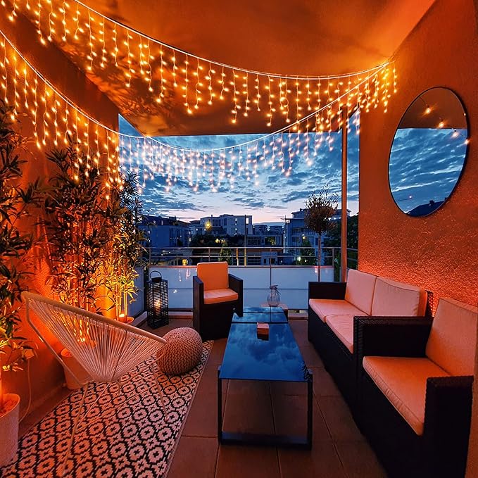 33 FT 400LED Halloween Lights, Orange Icicle Lights for Outside, Clear Wire Twinkle String Light with Timer 8 Modes Waterproof for Window House Patio Yard Wedding Classroom Festival Decor