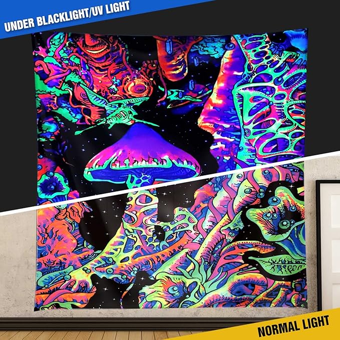 ADDWel Blacklight Mushroom Tapestry, Fantastic Upright Tapestry Glow In The Dark, UV Reactive Black Light Tapestries Posters Wall Hanging for Backdrop Bedroom Dorm Living Room Decor(50"x60")