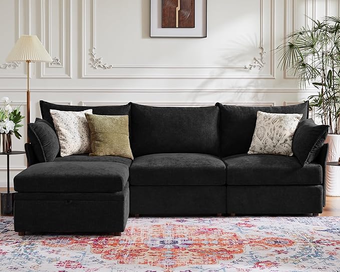 102.6" Modular Sectional Sofa, L Shaped Couch Set for Living Room, 3-Seater Comfy Cloud Couches with Movable Storage Ottoman,DIY Combination - Chenille Black