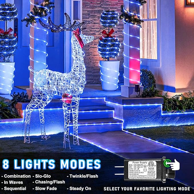 100FT 300 LED Rope Lights Outdoor, Plug in Christmas Rope Lights for Indoor with 8 Modes, Waterproof Connectable String Lights for Outside Patio, Deck, Pool, Stair, Camping Lighting - Blue