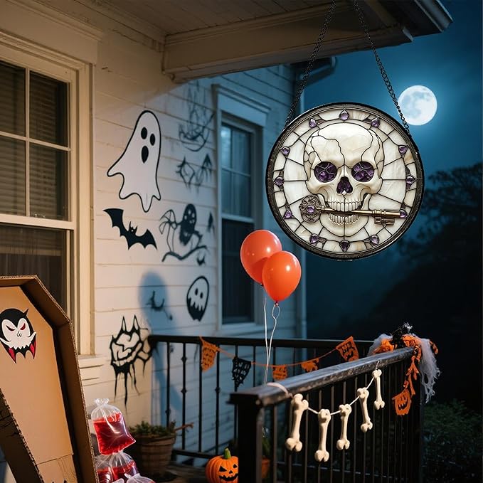 Stained Glass Window Hanging - Halloween Scary Skull Suncatcher for Doors Garden Home Spooky Purple Skeleton Key Sun Catchers Gothic Decor Horror Gifts for Women Men Friend Boy Girl 15 in