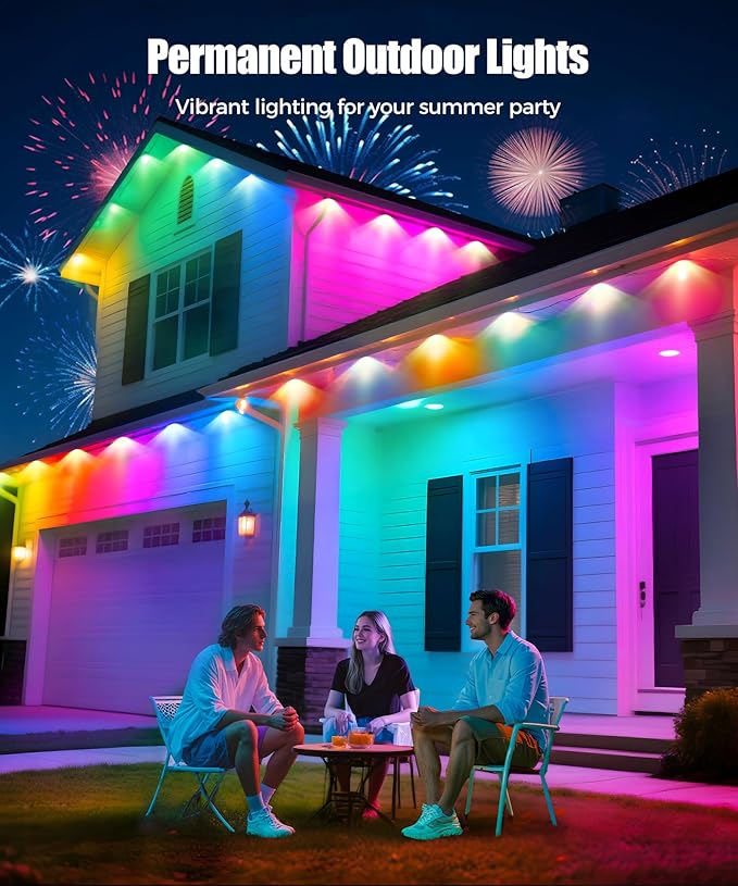 POOFZY Permanent Outdoor Lights for House, 50ft RGB+IC Smart Outdoor Decor, 50 Scene Modes, App/Remote Control, IP68 Waterproof, for Christmas, Holiday, Daily & Pool Party Decor, House Roof Lighting