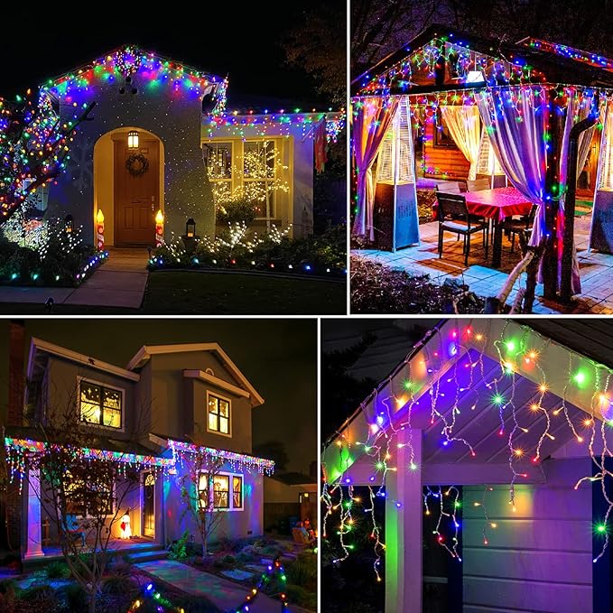 99ft Colored Christmas Lights Outdoor, 1216 LED Icicle Lights for Outside House with Clear Wire 8 Modes Timer, Plug in Waterproof for Home Holiday Eaves Yard Party Tree Room Wall Indoor Decoration