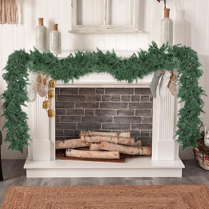 Hananona 9 FT Artificial Cedar Garlands, 2 Pcs Real Touch Winter Cedar Pine Garland, Green Artificial Greenery Garland for Table, Mantle, Wall, Indoor, Outdoor Christmas Decorations (2, 9 FT)