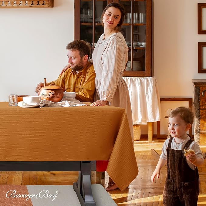 Biscaynebay Fall Tablecloth Textured Fabric 60x108 Inch Rectangular, Bronze Thanksgiving Autumn Harvest Water Resistant Fabric Tablecloths for Kitchen, Dining, Wedding, Parties Machine Washable