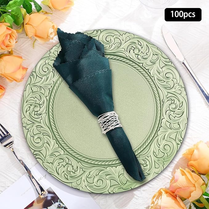 Antique Charger Plates Set 13'' Round Embossed Dinner Plate Chargers Plastic Elegant Floral Plates for Dinner Wedding Party Event Table Kitchen Decoration 100PCS (Green 100Pcs)