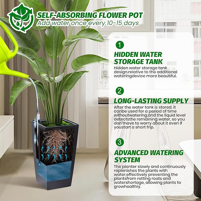 16" Tall Planters Set of 2, Outdoor&Indoor Black Planter Pots, High Front Porch Planter Pots with Drainage Holes&Water Level Monitor&Inner Bucket, Automatic Watering,Black