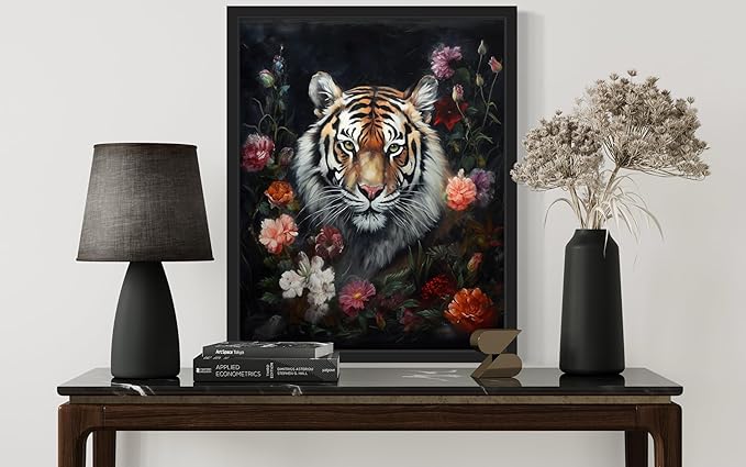 Tiger and Flower Poster Art Print, Halloween Scary Vintage Wall Art Academia Spooky Painting Decoration for Horror Prints, Gothic Posters Bedroom Decor 89 (Tiger and Flower, 11 x 14 inches, Unframed)