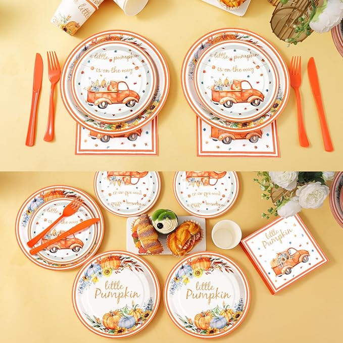 168 Pcs Little Pumpkin Plates and Napkins, Fall Baby Shower Plates and Napkins Sets Serves 24, Little Pumpkin Baby Shower Decorations Boy, Orange Blue Autumn Farm Thanksgiving