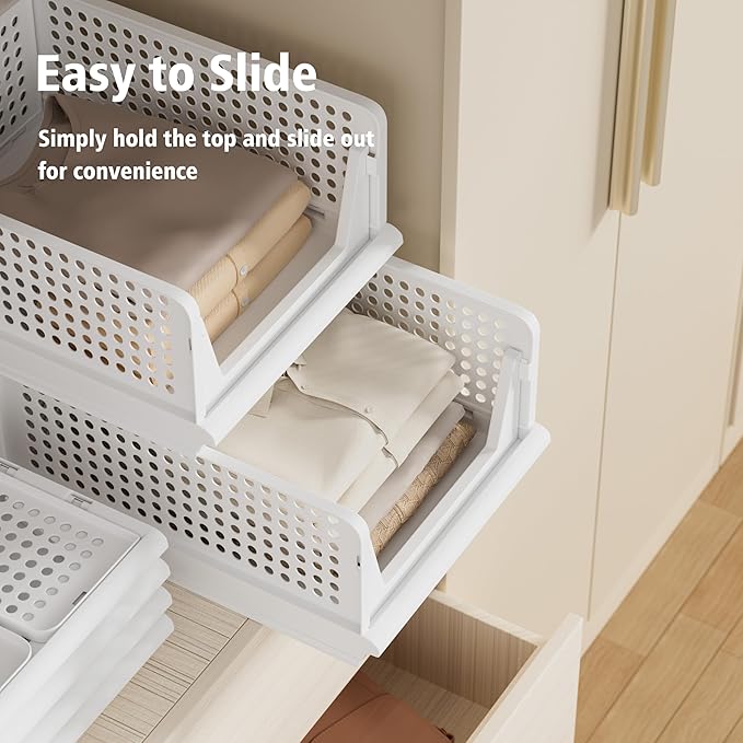 Stackable Plastic Storage Basket Closet Organizer Bin Foldable Clothes Organizer Storage Drawer Shelf Container for Living Room Bathroom Kitchen Office Laundry Room