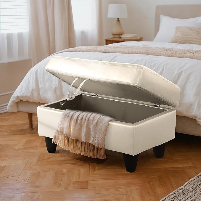 Ottoman Rectangular Storage Ottoman Bench, Faux Leather Footrest, Coffee Table, Stool Footstool with Hinged Lid for Living Room, Bedroom, Entryway, Champagne, 35"x23.5"x17.5"