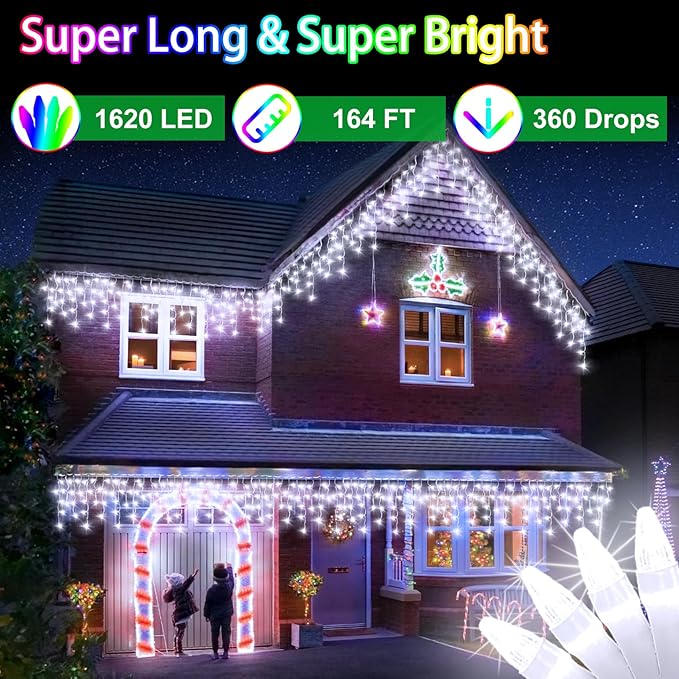 1620 LED Christma Lights with 360 Drops, 164ft Outdoor Hanging lights with 8 Modes & Timer Memory, Outsite Waterproof Curtain String Lights for Front House Fence Tree Holiday Decorations (Cool White)