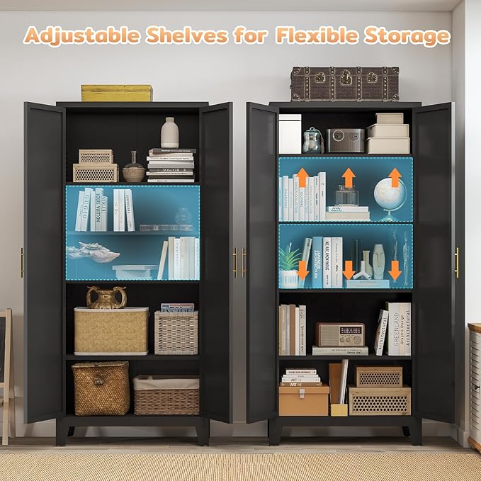 70.87" H Metal Kitchen Pantry Cabinet, Freestanding Cupboard with 2 Doors and 4 Adjustable Shelves, Tall Metal Storage Cabinet for Kitchen, Bathroom, Dinning Room or Laundry Room (Black)