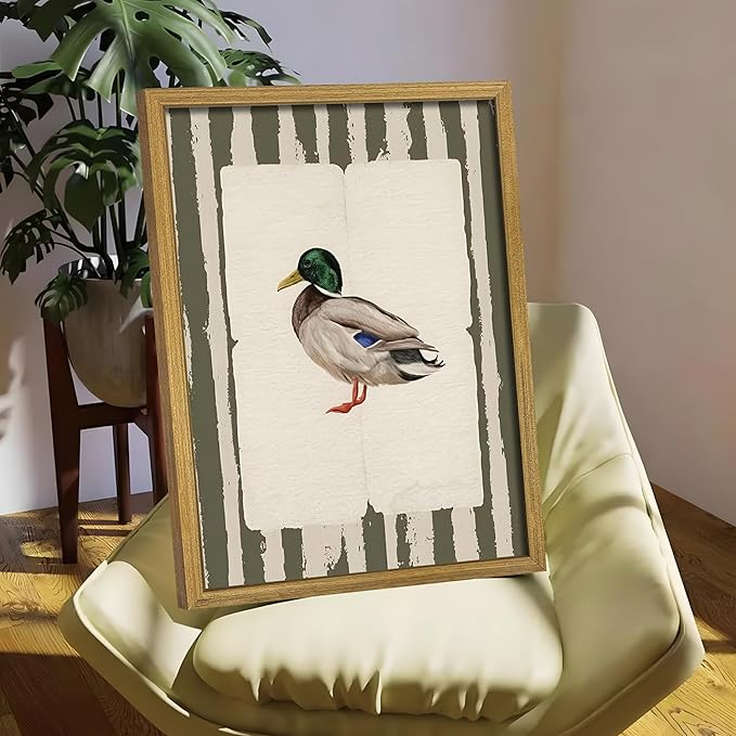 Vintage Framed Duck Wall Art Print, Rustic Mallard Bird Illustration Canvas Poster, Cottagecore Animal Artwork, Farmhouse Nature Wall Decor for Living Room Kitchen Bathroom Bedroom 12x16 inch