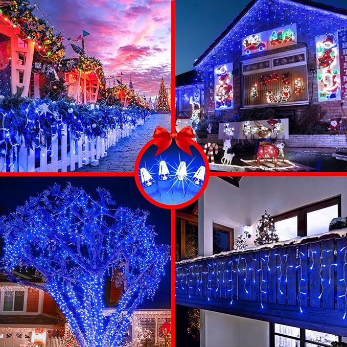 792 LED Christma Lights with 176 Drops, 82ft Outdoor Hanging lights with 8 Modes & Timer Memory, Outsite Waterproof Curtain String Lights for Front House Fence Tree Holiday Decorations Decor Blue