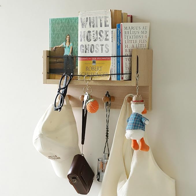 Entrance Coat Rack ,Coat Hooks, Wall-Mounted Wooden Hook Rack, Wall-Mounted Shelves are Very Suitable (Oak Colored Finish-A)