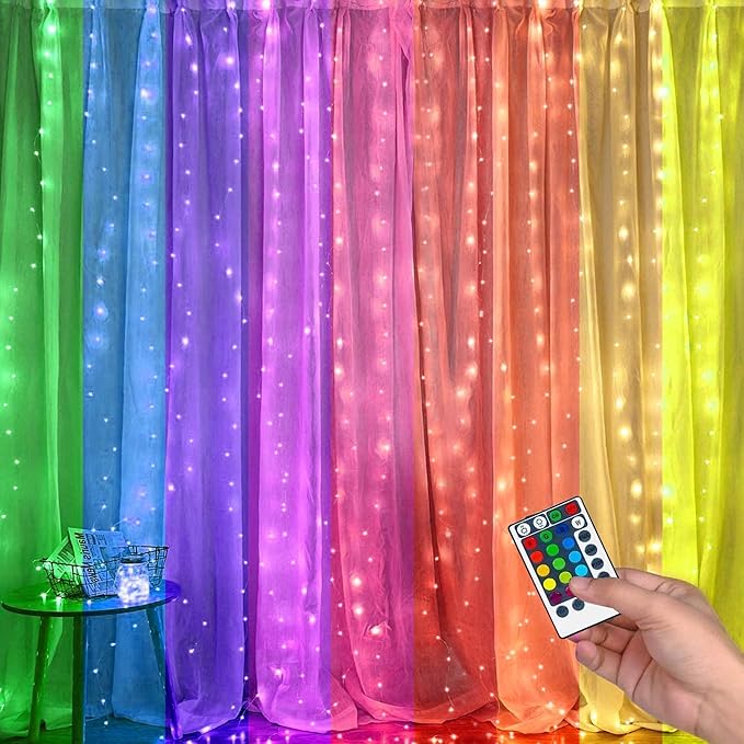 FUNPENY Window Curtain String Lights, 300 LED 8 Lighting Modes Fairy Lights USB Powered, Waterproof Lights for Christmas Bedroom Party Wedding Home Garden Wall Decorations (RGB Color Changing)