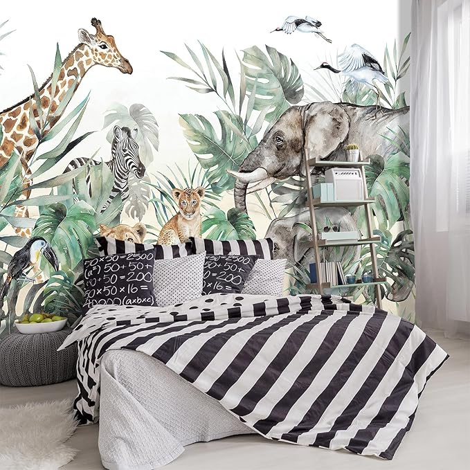 '-Tropical Rainforest Plants Animals Tigers Fabric Wallpaper Jungle Plants Banana Leaves Boys Girls Kindergarten Children Bedroom Large Mural- 91"x65"( not Peel and Stick)
