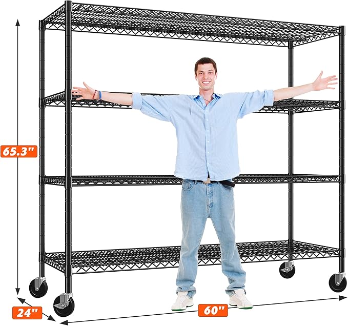 REIBII 60" W Storage Shelves 2878LBS Wire Shelving Unit with Wheels Heavy Duty Metal Shelving Adjustable Metal Shelves for Pantry,Kitchen,Garage,Basement,Business,Warehouse,60”W ×24”D×65.3”H