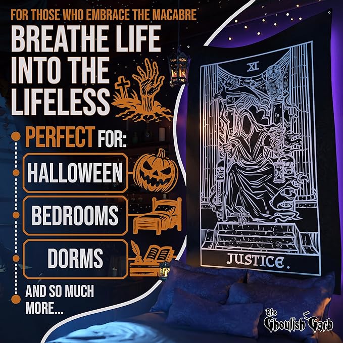 The Ghoulish Garb Justice Tarot Card Tapestry (Black & White) - Grim Reaper - Gothic Halloween Home Decor Wall Hanging (80" x 68")