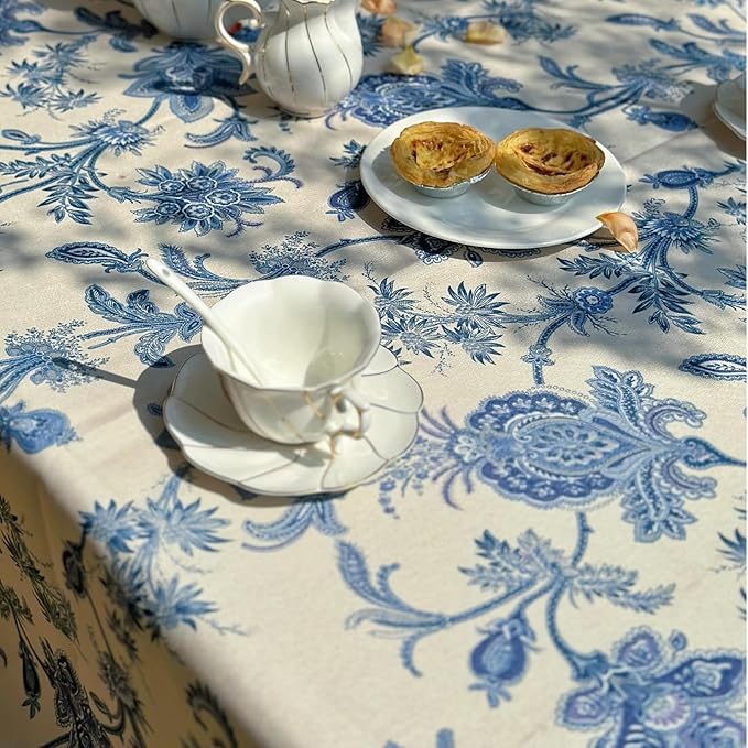 Blue and White Rectangle Tablecloth, Waterproof Outdoor Table Cloth, Dining Table Cover for Farmhouse, Wedding, Dinner, Picnic - Spring/Summer, 54"x72", Blue Flower