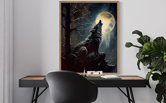Wolf howling Poster Art Print, Halloween Scary Vintage Wall Art Academia Spooky Painting Decoration for Horror Prints, Gothic Posters Bedroom Decor 89 (Wolf howling, 16 x 20 inches, Wood Frame)