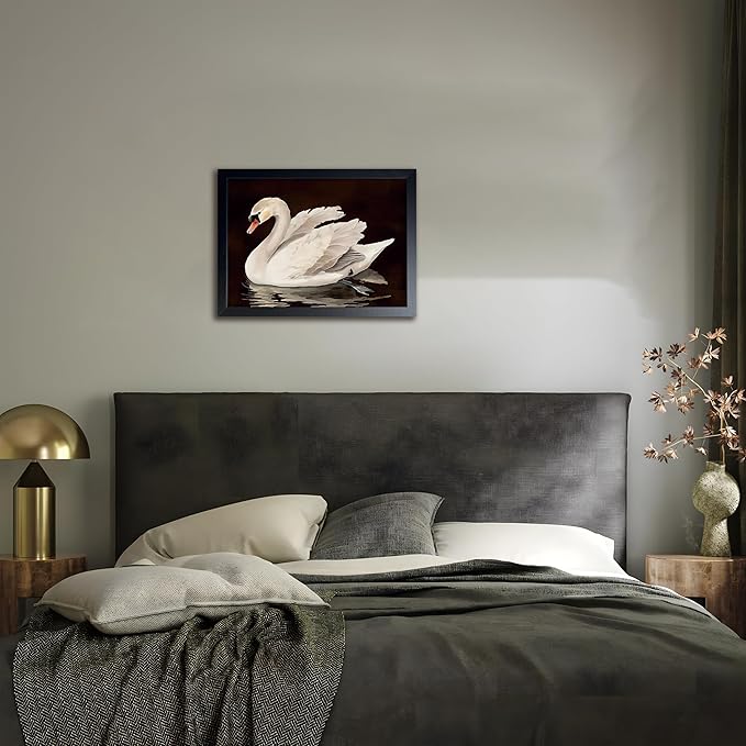 Black Wood Framed Wall Art Canvas Print Home Decor, Vintage Swan Aesthetic Wall Decor Photo, Classical Grace Swan Bathroom Prints Painting for Living Room Bedroom Office Decor 12x16 Inch