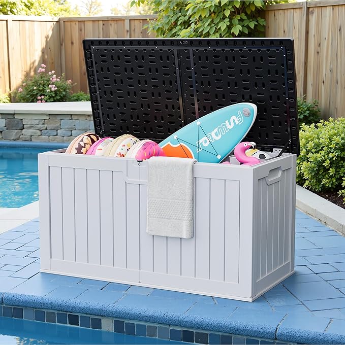 JUMMICO 250 Gallon Outdoor Resin Deck Box with Divider, Waterproof Storage Box with Lockable Lid&Side Handles for Garden Tools, Pools Supplies (White with Black Cover)