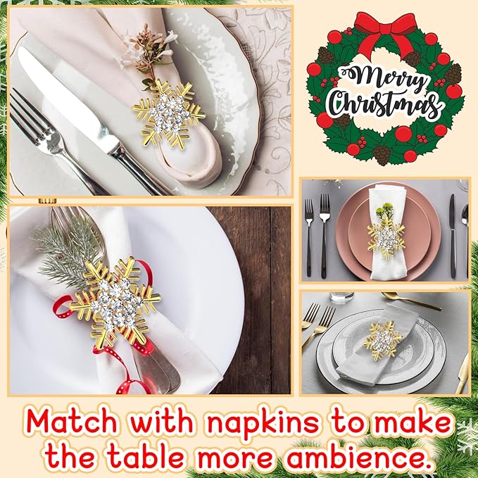 Halatool Set of 6 Christmas Napkin Rings Gold Snowflake with White Rhinestone Napkin Holder for Christmas Thanksgiving Holiday Party Table Decoration
