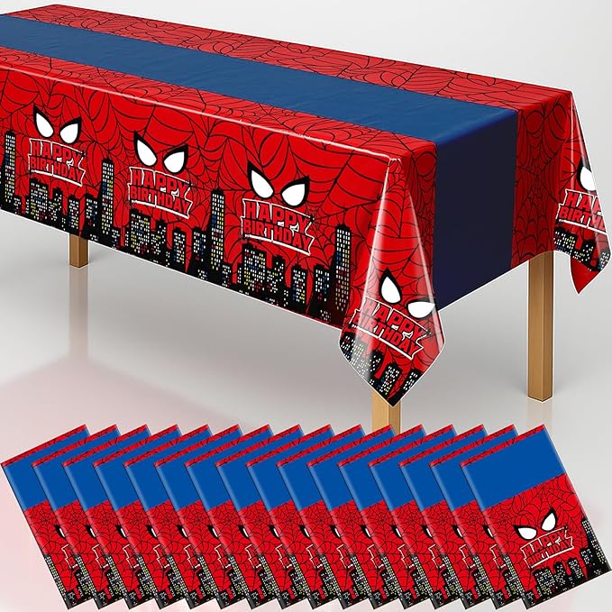 16Pcs 2in1 Spider Birthday Decorations Tablecloths, 54" x 108" Super Hero Spider Table Cloth Disposable Rectangle Plastic Table Cover for Boys Birthday Party Supplies