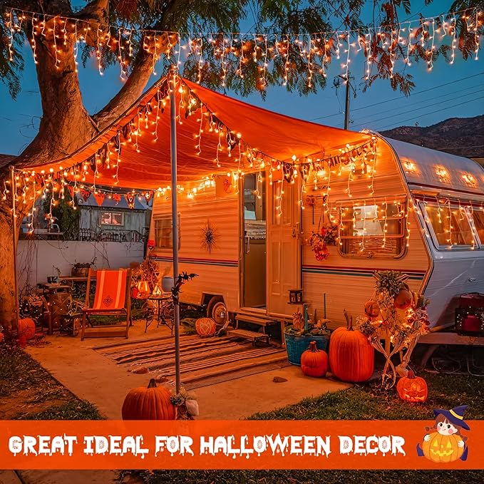 JMEXSUSS Orange Halloween Lights Outdoor, 800 LED Orange Icicle Lights Outdoor Waterproof, 8 Modes String Light Plug in for Fireplace Tree Garden Patio Thanksgiving Fall Halloween Decor