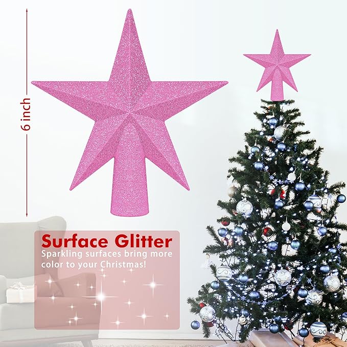 Christmas Tree Decoration, 6" Pink Christmas Tree Topper Star Accessories, Xmas Glitter 3D Bethlehem Tree Ornament, Waterproof Holiday Christmas Tree Topper Star Decorations for Home Indoor Outdoor