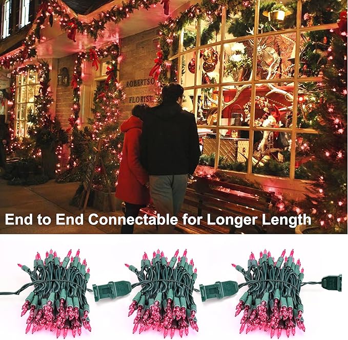 BrizLabs Pink Christmas Lights, 69.6ft 300 Count Pink String Lights Connectable, UL Certified Incandescent Christmas Lights Green Cord, Outdoor Mini Lights Set for Indoor Xmas Party Garden Patio