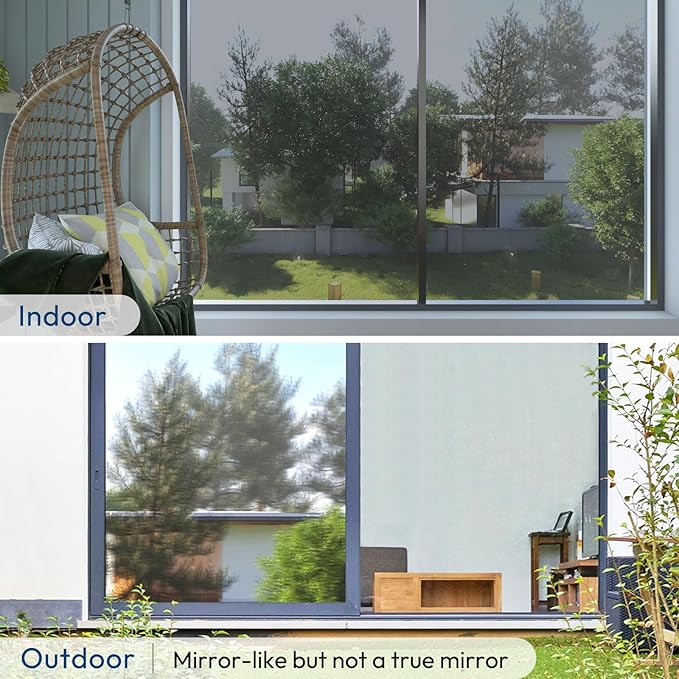 rabbitgoo Window Privacy Film One Way Window Tint for Home, Removable Reflective Heat Sun Blocking Anti UV Glass Door Covering, Mirror Tinting Film House Office, 35.4 in X 32.8 Feet, Silver