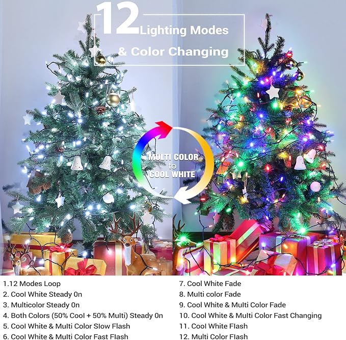 Brizled Christmas Lights, 33ft 100 LED Color Changing Christmas Tree Lights Connectable with Remote, 12 Modes Cool White & Colored Xmas Lighting, Clear Mini Xmas Lighting for Indoor Outdoor Home Decor