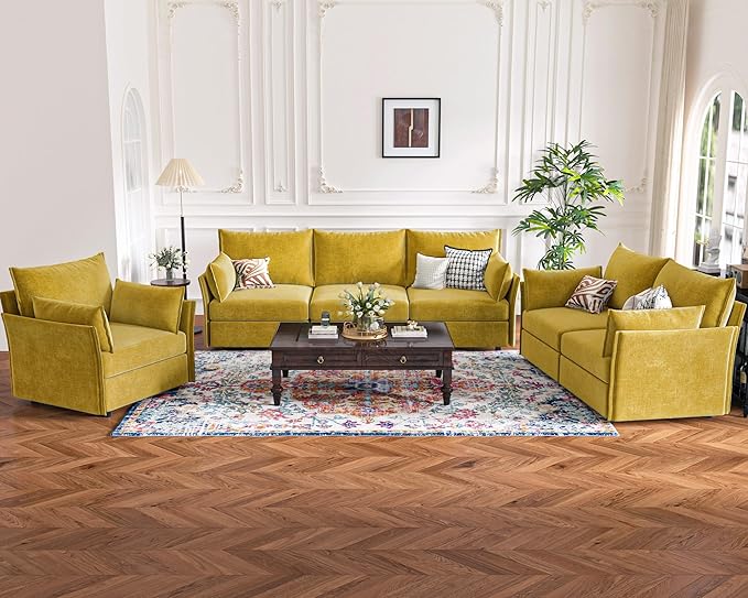 134.6" Oversized Modular Sectional Sofa, 6 Seater U Shaped Couch with Storage Ottoman with Reversible Chaise Deep Seat for Living Room, Apartment - Chenille Yellow