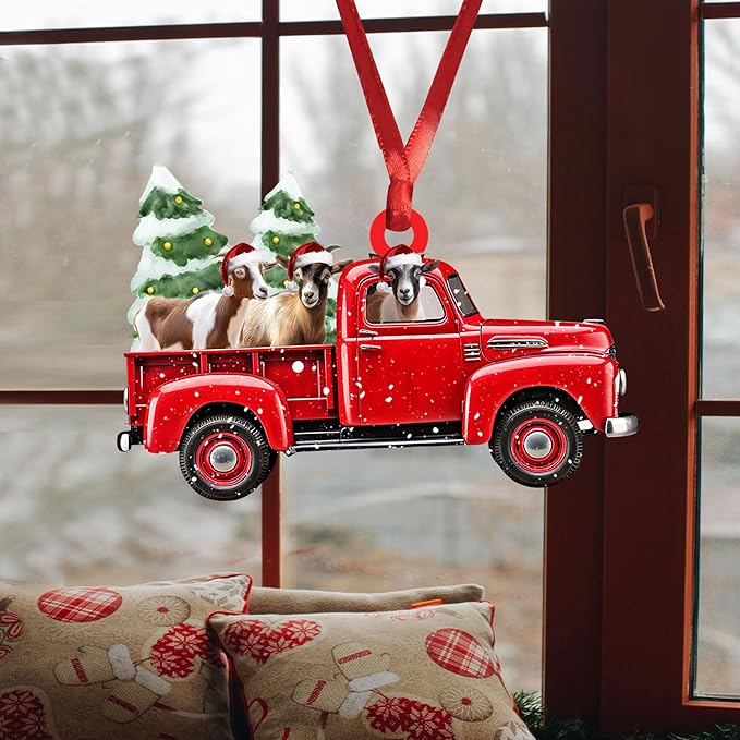 Talataca Goat Red Christmas Truck Pine Tree Farm Animal Lover 2D Flat Car Rear View Mirror Accessories Christmas Tree Ornament Decoration Hanging Charm Interior Rearview Pendant Decor Gift
