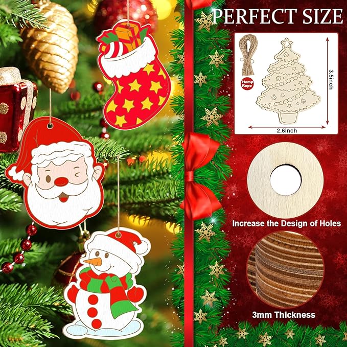 80PCS Wooden Christmas Ornaments to Paint,10 Styles DIY Blank Unfinished Reindeer Santa Claus Christmas Tree Ball Snowman Snowflake Wreath Gift Christmas Stocking Cutouts Ornament for Crafts Winter