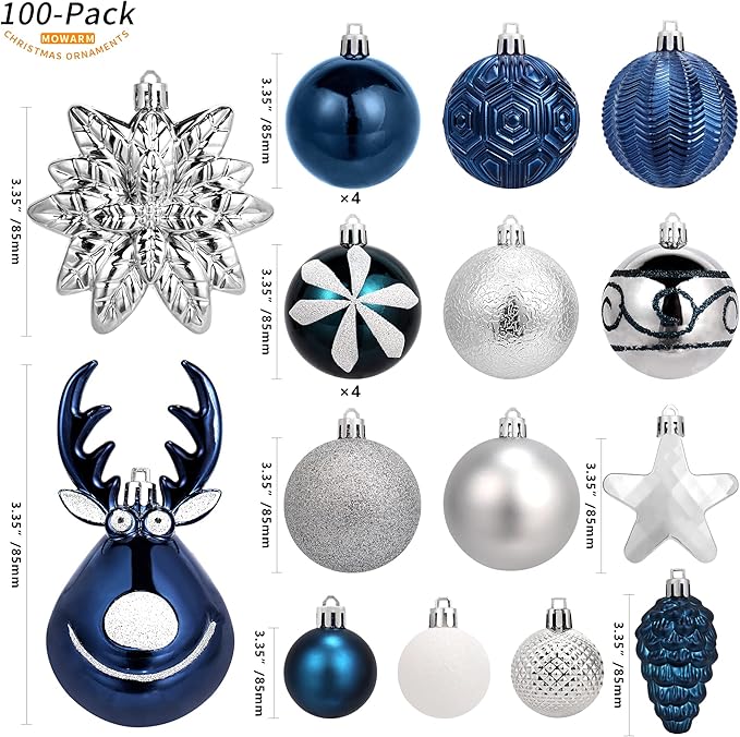 100 Pack Christmas Ball Ornaments,Navy Blue and White Plastic Christmas Balls Shatterproof Christmas Tree Decorations in Indoor,Holiday Xmas Tree Decor Hanging Baubles Balls