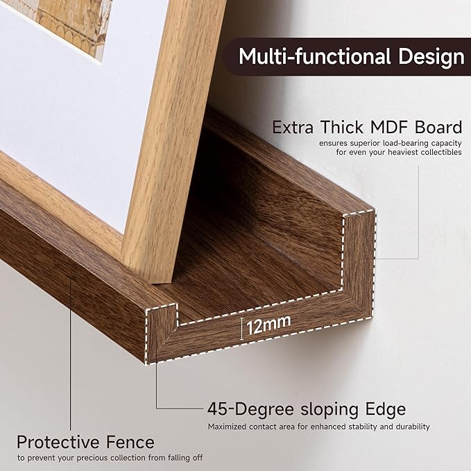 Fun Memories Picture Ledge Shelf, 24 Inch Floating Shelves Set of 2, Nursery Book Shelves for Toys Storage, Kids Bookshelf Wall Mounted for Wall Decor Books Photo Frames, Walnut