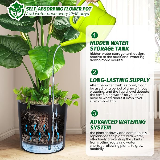 Tall Round Planter Set of 2, 20" Large Planter Pots with Built-in Drainage and a Water Level Monitor and Wheels for Patio, Porch, Living Room, or Home Office