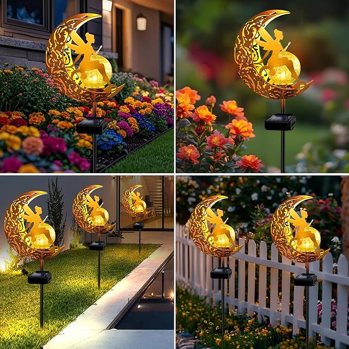 YJFWAL 2 Pack Garden Solar Lights Pathway Stake Lights Moon Fairy Glass Globe with Angel Decor, Gardening Birthday Gift for Mom Grandma Friends, Outdoor Decor Light Waterproof for Walkway, Yard, Patio