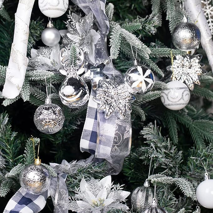 100 Pack Christmas Ball Ornaments,Silver and White Plastic Christmas Balls Shatterproof Christmas Tree Decorations in Indoor,Holiday Xmas Tree Decor Hanging Baubles Balls