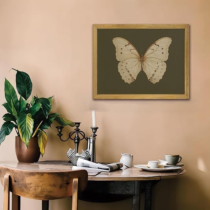 Wood Framed White Butterfly Wall Art, Vintage Butterfly Oil Paintings, Dark Moody Insect Canvas Prints, Boho Sage Green Wall Decor, for Bedroom Kitchen Bathroom Cottagecore Room Decor - 16x24 Inch