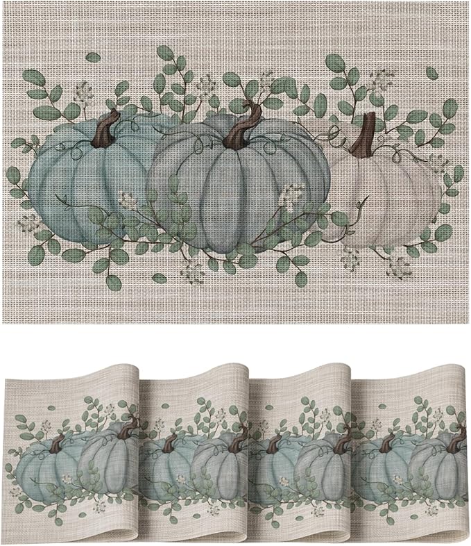 Artoid Mode Pumpkin Leaves Fall Vinyl Placemats Set of 4, Wipeable Woven PVC Table Mats for Thanksgiving Farmhouse Holiday Party Kitchen Dining Decor